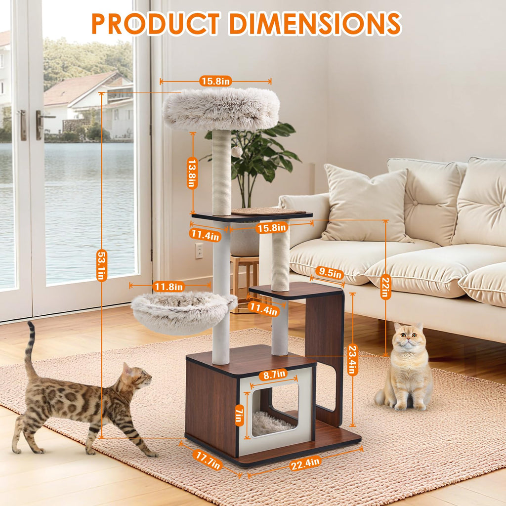 The Pawalaya 54" Architectural Wooden Cat Tower
