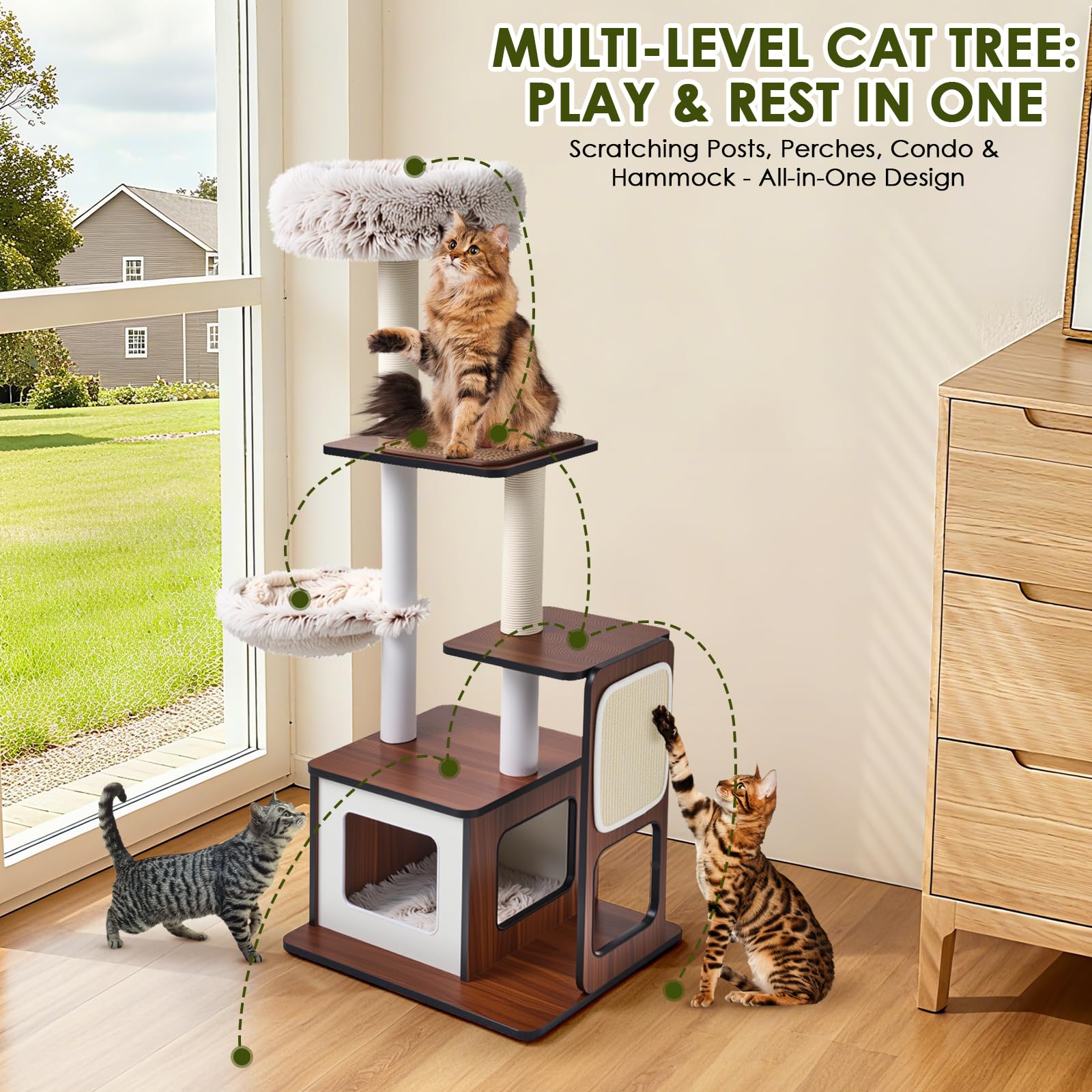 The Pawalaya 54" Architectural Wooden Cat Tower